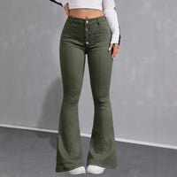 Jean évasé femme en denim vert militaire, poches avant, coupe flare évasée