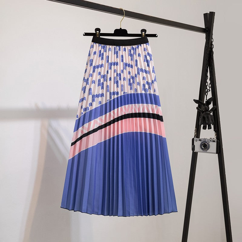 Jupe plissée à taille élastique, imprimé géométrique bleu, rayures rose et noires