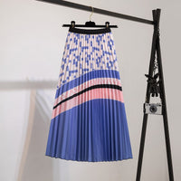 Jupe plissée à taille élastique, imprimé géométrique bleu, rayures rose et noires