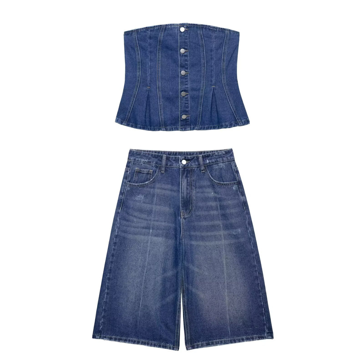Ensemble en jean bleu foncé : corset boutonné sans manches et short droit taille haute.