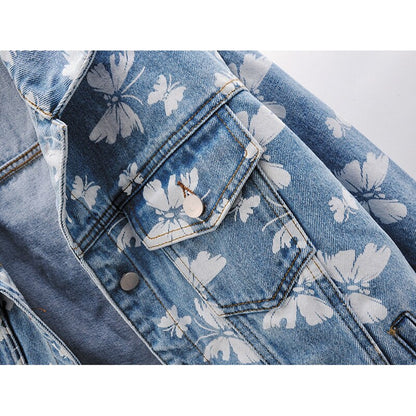 Veste en jean courte femme imprimé papillon style coréen | Oléna-Fashion- vue de détail poche