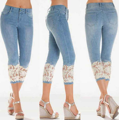 Elastic slim lace hem denim shorts for women