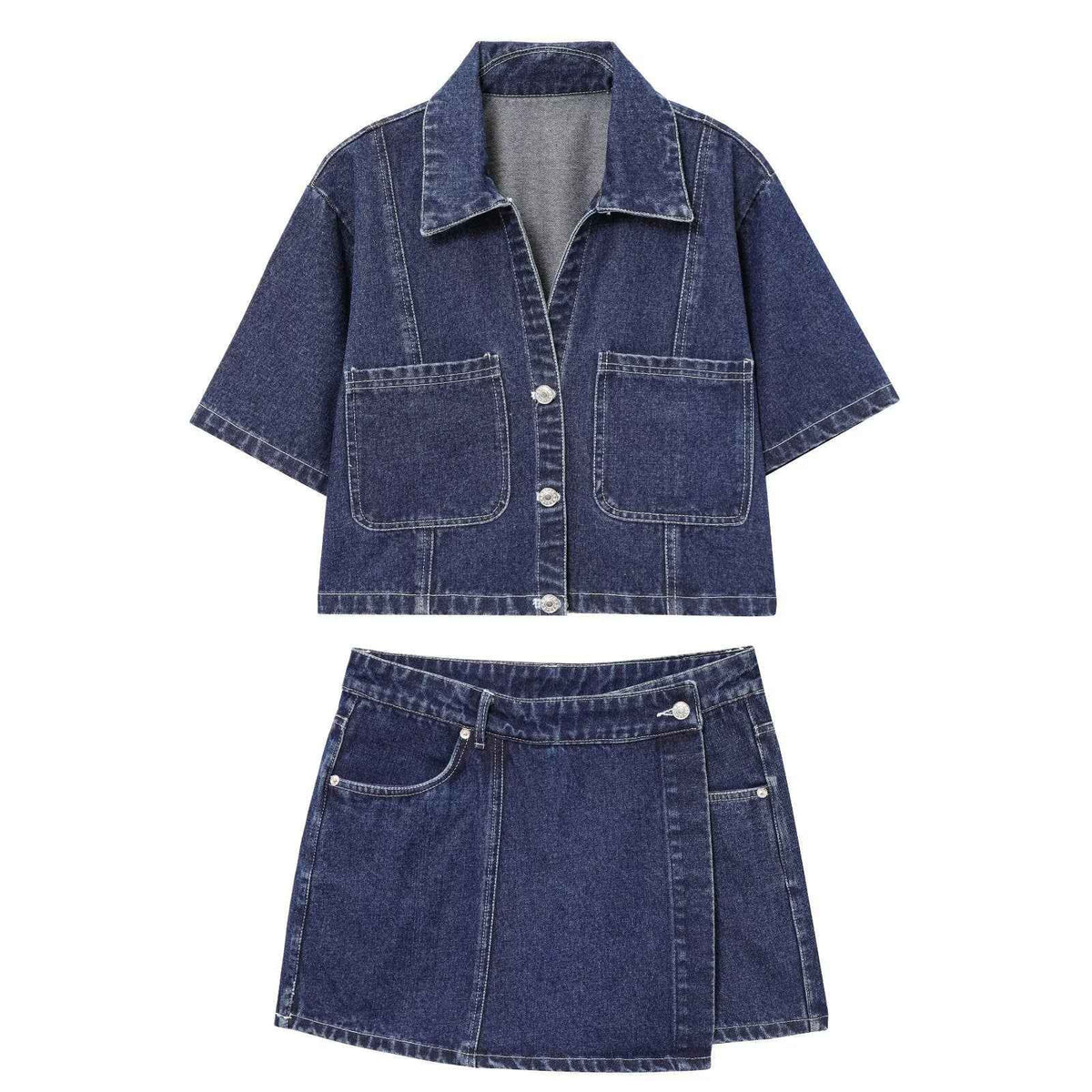 Ensemble en jean bleu foncé : veste à col chemise, deux poches, jupe évasée