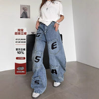 Jean Femme Imprimé Lettres Taille Haute – Coupe Loose Casual