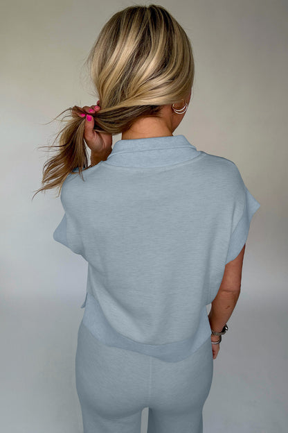 Ensemble détente femme polo zippé bleu clair, vue dos, pantalon assorti