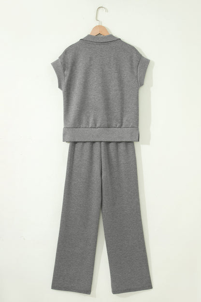 Ensemble détente femme gris: polo zippé dos et pantalon large