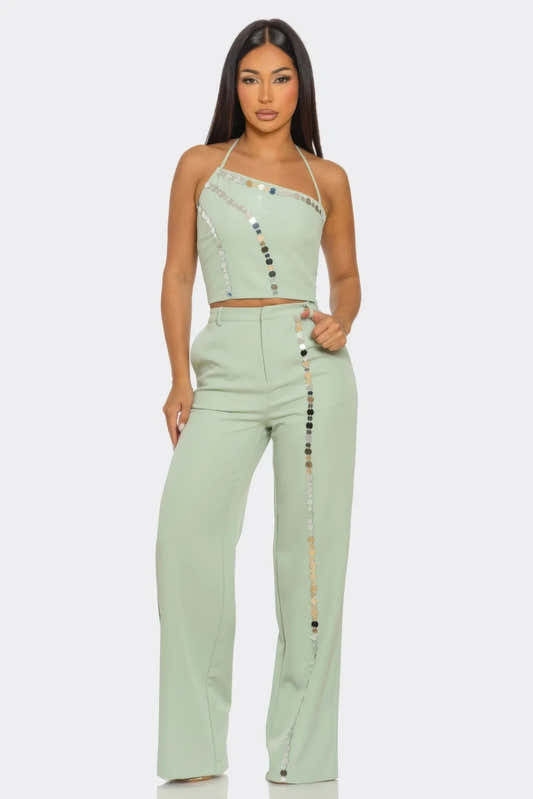 Ensemble tailleur pantalon femme sauge Christine : top court à bretelles, pantalon large