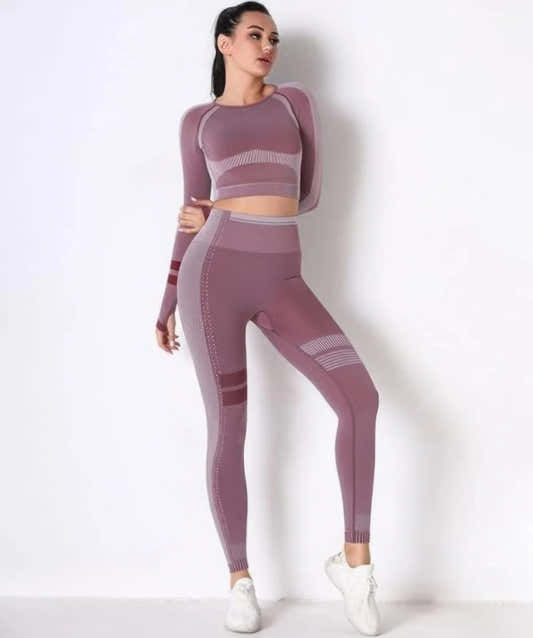 Ensemble yoga femme bordeaux sans couture : top manches longues et legging ajusté