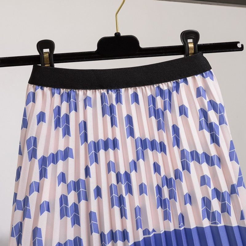 Jupe plissée à taille élastique, motif géométrique bleu et rose, ceinture noire