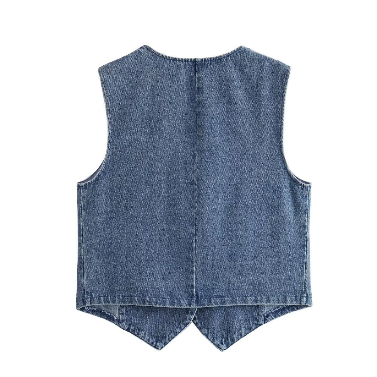 Gilet en denim bleu sans manches, dos droit, encolure arrondie
