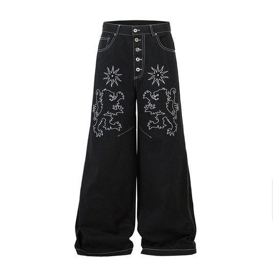 Jean Large Femme Broderie Florale – Jambe Droite Longueur Sol