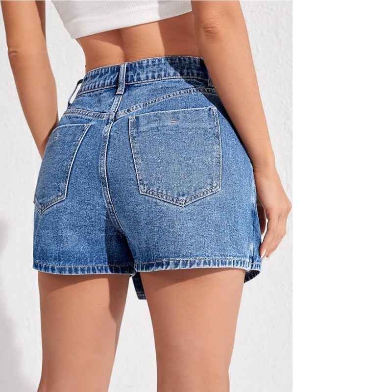 Shorts-jupe en denim bleu, dos avec poche plaquée et coutures