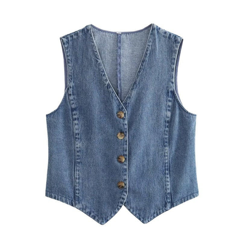 Gilet en denim bleu sans manches, boutonnage central à trois boutons