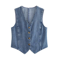 Gilet en denim bleu sans manches, boutonnage central à trois boutons