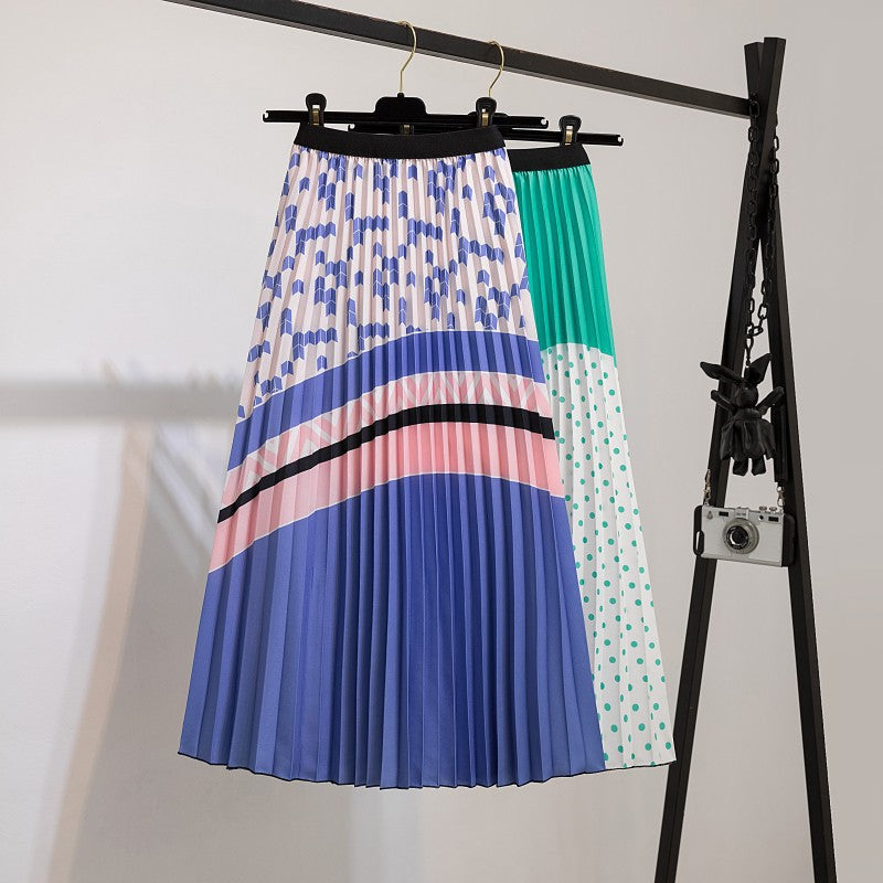 Jupe plissée à taille élastique, imprimé géométrique bleu et vert, rayé