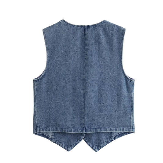 Gilet en denim bleu sans manches, dos droit, encolure arrondie