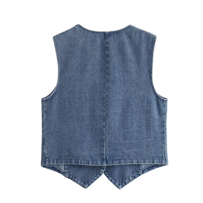 Gilet en denim bleu sans manches, dos droit, encolure arrondie