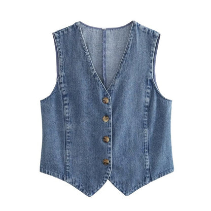 Gilet en denim bleu sans manches, boutonnage central à trois boutons