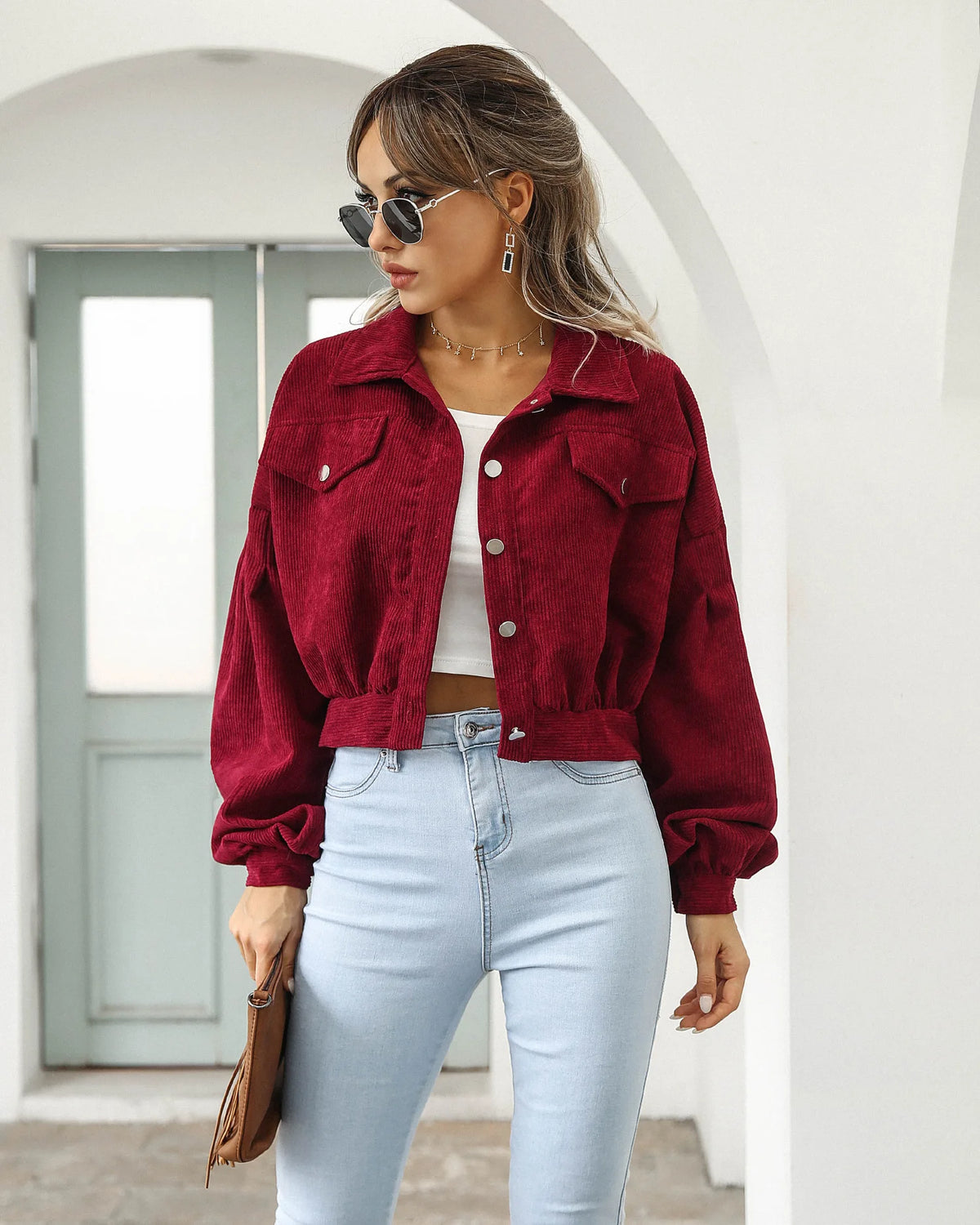 Veste courte en velours côtelé femme, manches lanterne et simple boutonnage