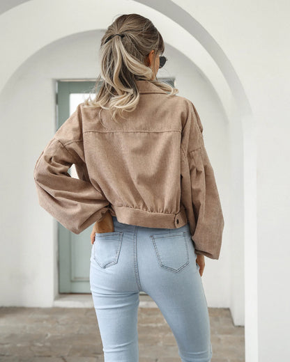 Veste courte en velours côtelé femme, manches lanterne et simple boutonnage