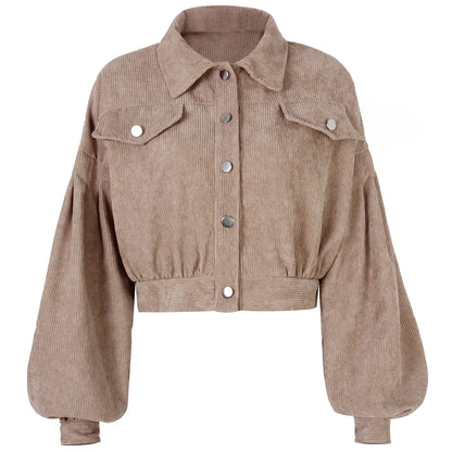 Veste courte en velours côtelé femme, manches lanterne et simple boutonnage