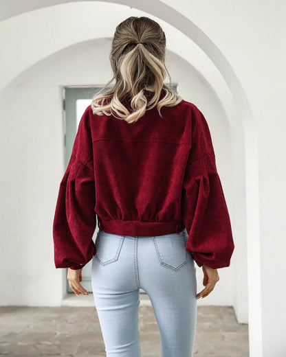 Veste courte en velours côtelé femme, manches lanterne et simple boutonnage