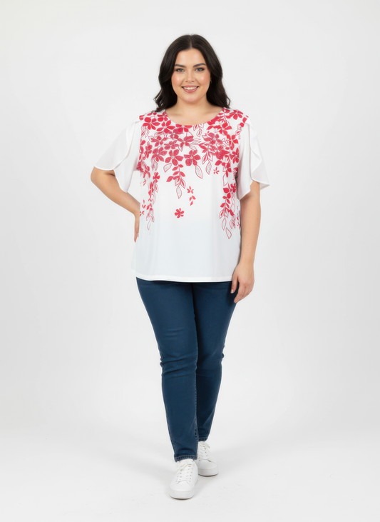 Haut femme blanc imprimé floral rouge, manches volantées, coupe ample