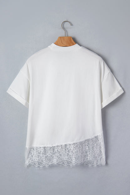 Haut femme blanc en coton, dos avec ourlet dentelle, manches courtes