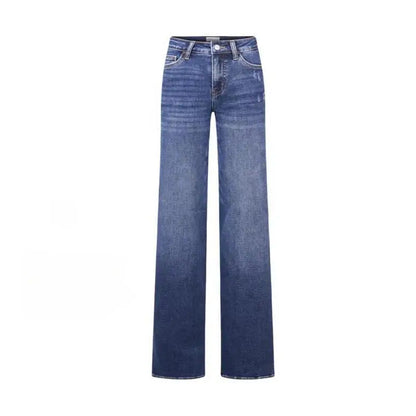 Jean bleu denim taille haute à jambe large, poches devant, fermeture boutonnée