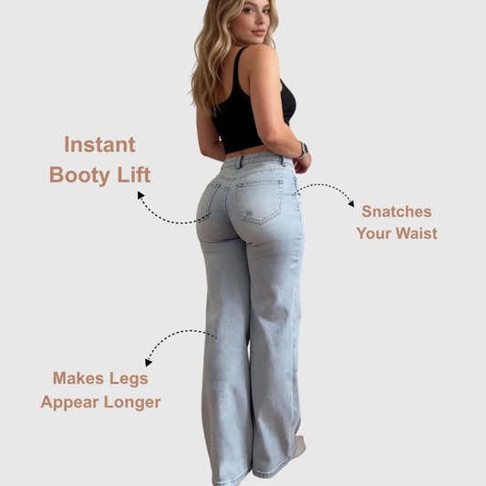 Jean taille haute bleu clair à jambe large en denim extensible, poches arrière visibles