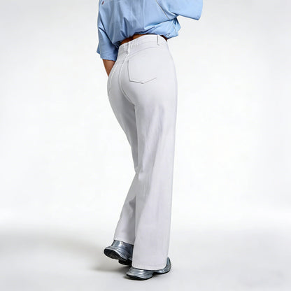 Jean taille haute blanc cassé à jambe large en denim, poche dos et braguette visibles