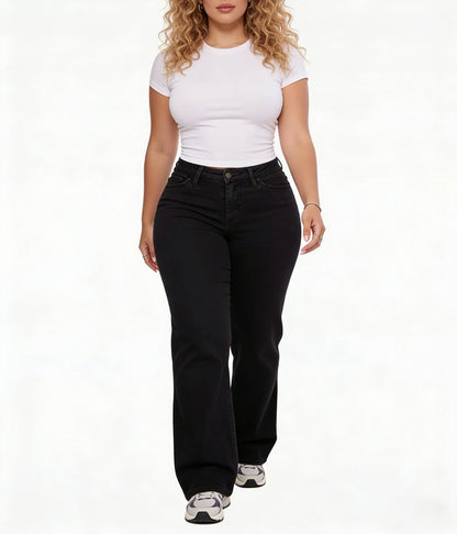 Jean taille haute noir à jambe large en denim, braguette boutonnée et poches avant