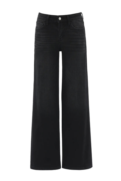 Jean noir taille haute à jambe large en denim, poches devant et fermeture boutonnée
