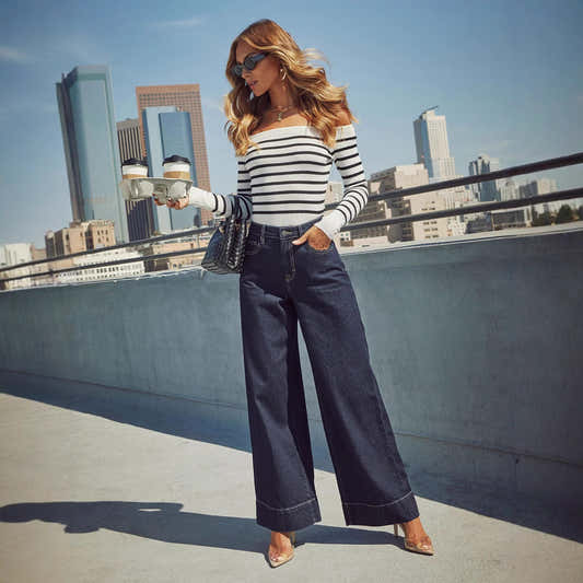 Jean taille haute délavé bleu marine, jambe ample, poches et fermeture boutonnée