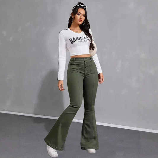 Jean évasé femme en denim vert militaire, taille haute, poches devant et boutons