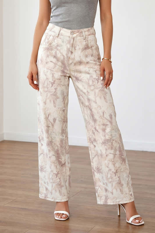 Pantalon en jean femme ample camouflage beige clair, taille élastiquée et poches