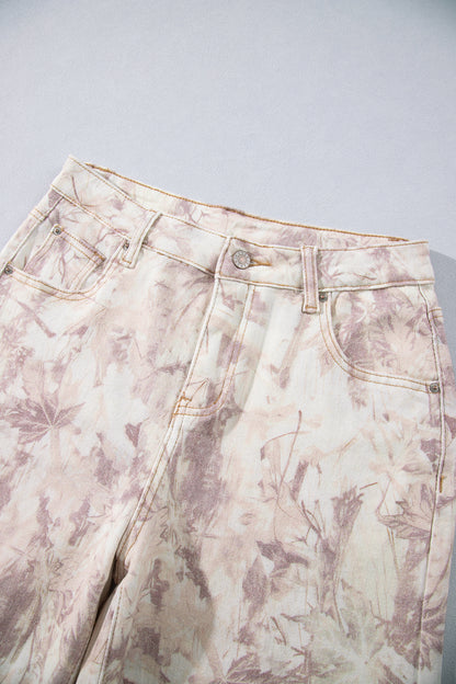 Jean femme imprimé camouflage beige/rose, taille à passants et bouton