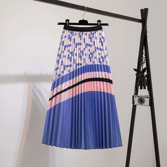 Jupe plissée à taille élastique, imprimé géométrique bleu, rayures rose et noires