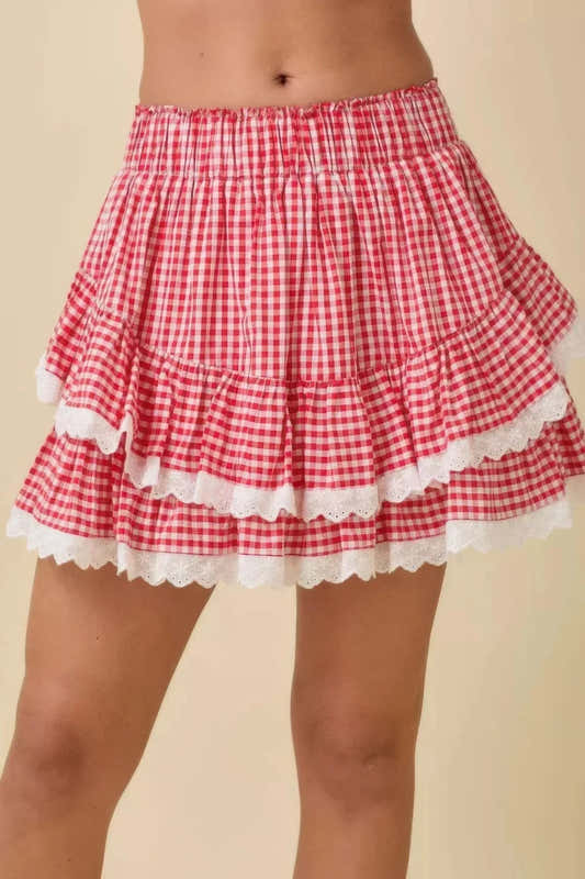 Jupe-short vichy rouge et blanc à volants, taille élastique, bord dentelle