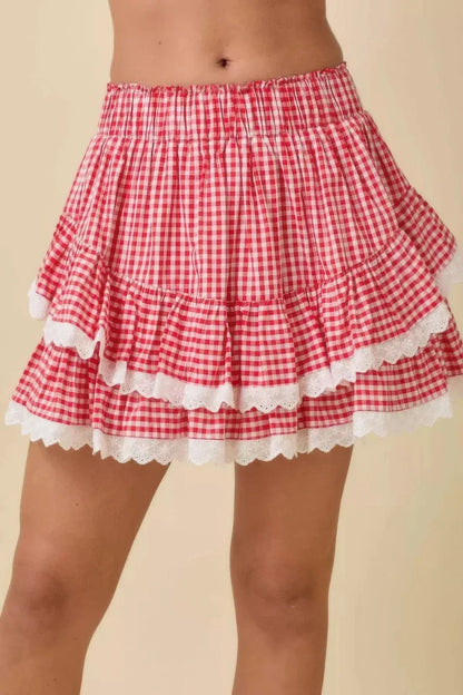 Jupe-short vichy rouge et blanc à volants, taille élastique, bord dentelle