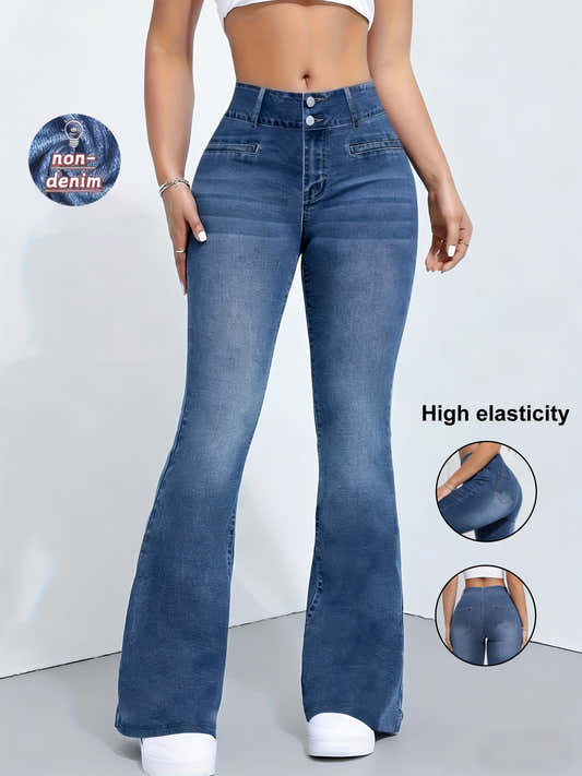 Leggings femme taille haute effet denim, jambe évasée, bleu moyen, coutures décoratives