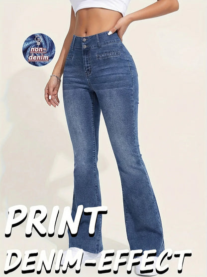Leggings taille haute effet denim bleu, coupe slim évasée, poches arrière visibles