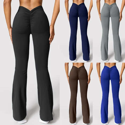 Legging évasé femme taille haute noir, vues de face et dos