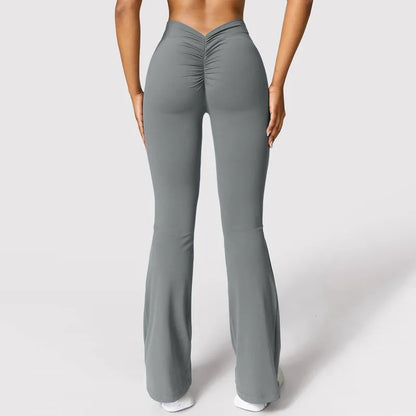 Legging évasé femme taille haute gris avec dos échancré en V