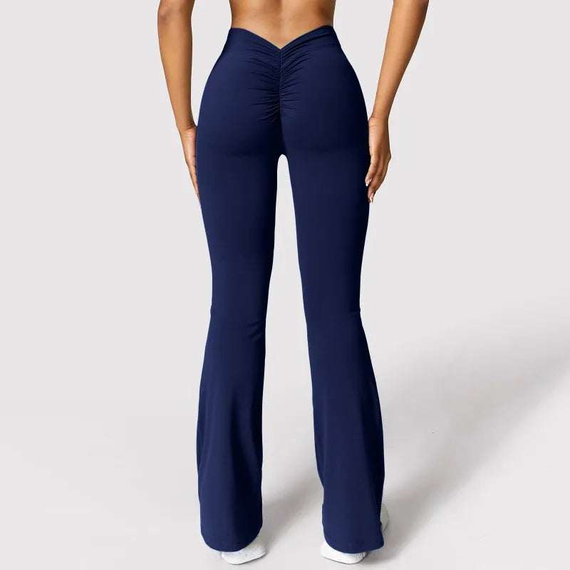 Legging évasé femme taille haute bleu marine avec dos échancré en V