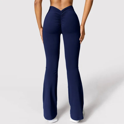 Legging évasé femme taille haute bleu marine avec dos échancré en V