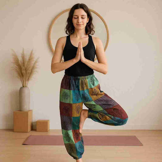 Pantalon ample patchwork motifs de champignons, bleu-vert-violet, taille élastique.