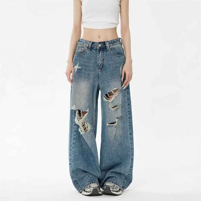 Pantalon en jean bleu taille haute ample, déchirures aux genoux, braguette boutonnée
