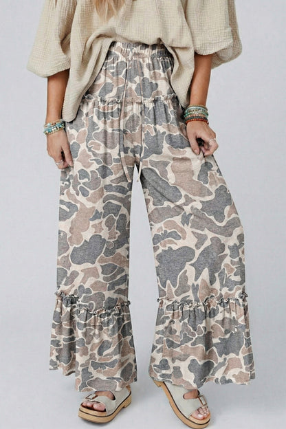Pantalon ample camouflage gris et beige, taille élastique avec cordon, bas volanté