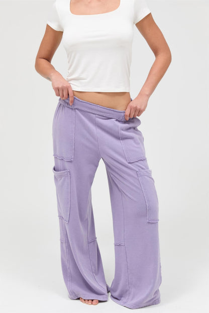 Pantalon cargo large taille haute délavé minéral lilas, poches cargo latérales
